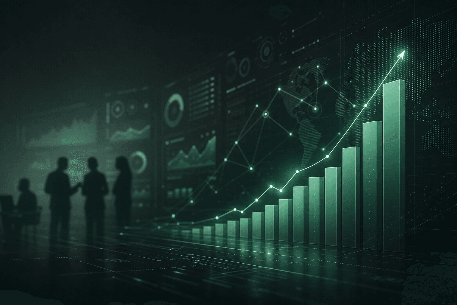 Dashboard operacional com indicadores em alta, equipe analisando métricas e mapa global de performance.